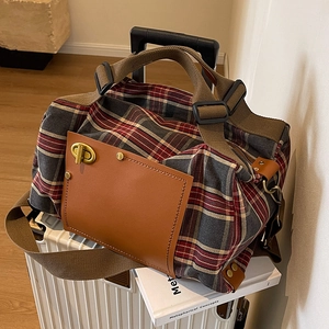 Retro plaid large capacity travel bag with leather pocket on white suitcase