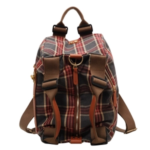 British style plaid backpack in red and navy canvas with large capacity and straps