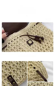 Detail view of woven straw backpack with leather magnetic closure and soft lining