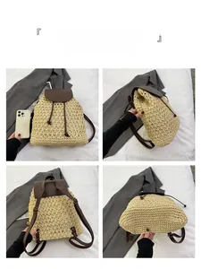 Detailed views showing the front, back, side and bottom of the woven straw backpack