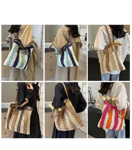 Collage of striped woven tote bags in multiple colors with leather shoulder straps