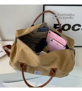Grande borsa da viaggio in tela kaki con interno spazioso per tablet e telefoni