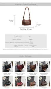 Detailed dimension chart and color options for the textured PU leather crossbody bag