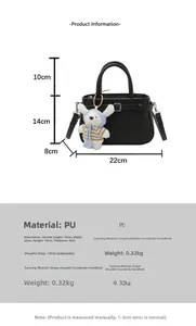 Detailed size chart of black PU leather bucket bag with dimensions and cute rabbit charm