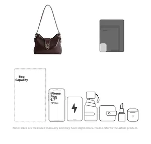 Detail view of the brown retro shoulder bag showing its capacity for smartphones and essentials