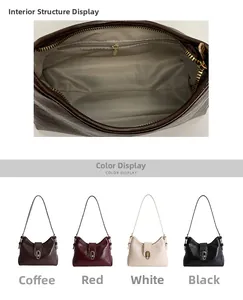 Detail view of four textured leather shoulder bags with metal locks and interior layout