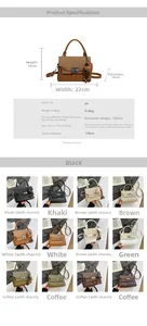 Detailed chart showing PU leather crossbody bag sizes and multiple color options with dimensions