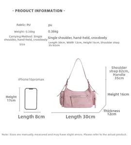 Detailed size chart of pink PU dumpling bag with dimensions and iPhone comparison guide