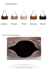 Detail view of suede textured dumpling bag interior and five stylish color options