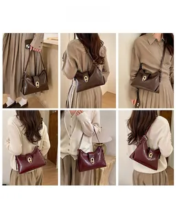 Styling showcase of vintage leather underarm bags in dark brown and burgundy with gold buckles