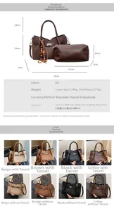 Detailed size chart for two-piece PU leather tote bag set including large and small bags