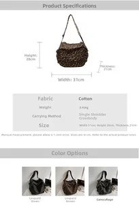 Detailed size chart for camo leopard print canvas tote bag with specific dimensions