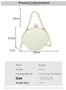 Detail view of shell-shaped acrylic evening bag with pearl handle and size dimensions