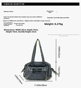 Detailed size specifications and dimensions for the vintage denim tote shoulder bag