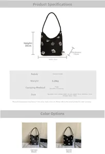 Detailed size chart for black shoulder bag with silver sequin flowers and canvas fabric