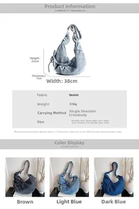 Detailed size specifications and color options for denim crescent crossbody bag