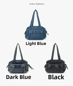 Three color variants of denim tote bags in light blue, dark blue and black