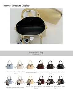 Detailed grid view showing interior compartment and six available color options for the handbag