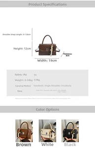 Detailed size and dimension chart for women's PU leather crossbody bag with wooden beads