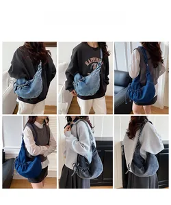 Detail view showing three denim crossbody bags with drawstring design and washed texture