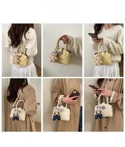 Detail of mini handbag with cute plush bear charm shown in versatile styling scenes