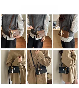 Detailed views of brown and black crossbody bags with ethnic bead tassels and metal buckles