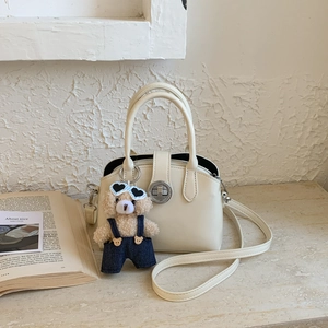 French vintage cream mini boston handbag with metal lock and cute bear charm strap