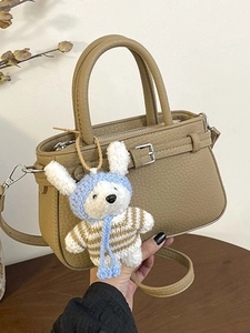 Women Fashion PU Leather Bucket Bag Trendy Litchi Pattern Crossbody Bag With Plush Charm Casual Daily Shoulder Bag Handbag