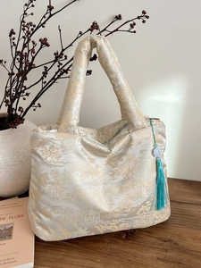 New Chinese Style Quilted Jacquard Tote Bag Satin Embroidery Padded Shoulder Bag Vintage Floral Tassel Handbag Women Fashion