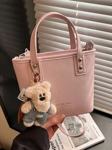 Women PU Leather Crossbody Bag Small Tote Handbag Bear Pendant Minimalist Korean Style Letter Print Daily Shoulder Bag