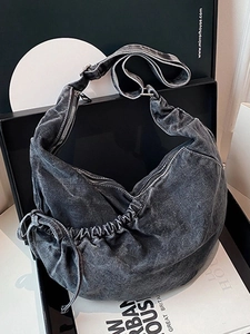 Large Capacity Washed Denim Crescent Crossbody Bag For Women Casual Vintage Hobo Bag With Adjustable Strap Drawstring Design