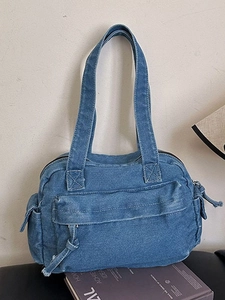Vintage Washed Denim Shoulder Bag For Women Multi-Pocket Fashion Tote Bag Casual Underarm Bag Retro Denim Bag Daily Handbag