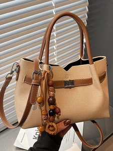Women Vintage PU Leather Crossbody Tote And Pouch Bag With Wooden Bead Tassel Metal Lock Stitching Daily Casual Handbag