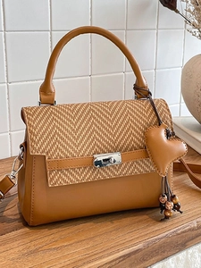 Women Patchwork Crossbody Bag PU Leather Vintage Small Square Handbag With Heart Pendant And Wooden Beads Fashion Messenger Bag