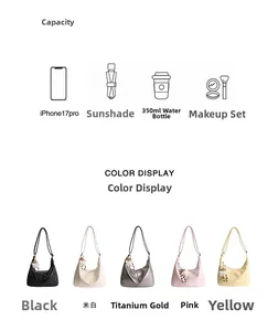 Détail de la capacité d'un sac hobo pouvant contenir téléphone, parapluie et cosmétiques