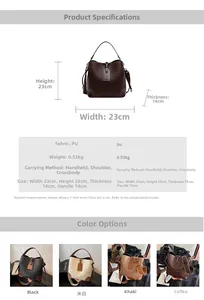 Detailed size chart for retro bucket bag featuring dimensions 23x23x14cm and PU material