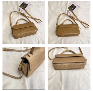 Detailed views showing khaki box bag texture, gold hardware, and versatile straps from four angles