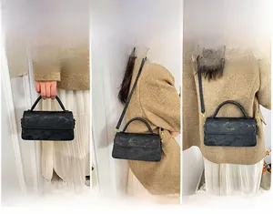 Three-way view of textured black crossbody bag shown as handbag, shoulder bag, and satchel
