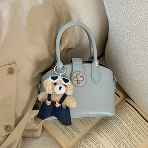 French Retro PU Leather Women Handbag Small Square Bag With Bear Pendant Versatile Crossbody Shoulder Bag Fashion Top Handle