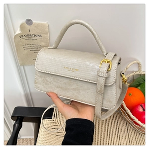 Close-up of beige crossbody bag with textured metallic finish and gold hardware details