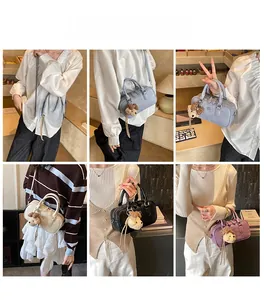 Collage of chic women's crossbody pillow bags in pastel colors with cute plush pendants