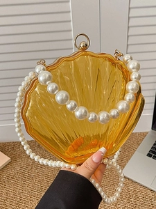 Vintage Shell Shaped Acrylic Evening Clutch Bag With Artificial Pearl Chain Strap Elegant Women Crossbody Handbag For Wedding Party