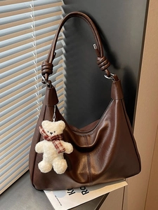 Vintage PU Leather Hobo Crossbody Bag For Women Casual Dumpling Shoulder Bag With Bear Keychain Fashion Large Capacity Purse