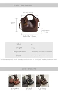 Spécifications détaillées du sac seau vintage en cuir PU avec dimensions et bandoulière