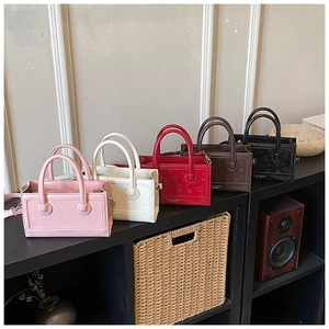 Collection of retro embossed small square bags in pink, white, red, coffee, and black colors