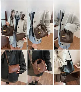 Collage of vintage bucket bags in various colors showing crossbody and handheld styles