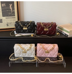 Diamond quilted chain bags in four colors: black, burgundy, beige, and light pink