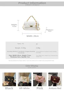 Detail display of quilted crossbody bag with size specifications and chain strap detail