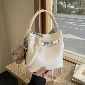 Women Vintage Synthetic Leather Bucket Bag Set Minimalist Shoulder Crossbody Bag With Plush Bear Pendant Casual Handbag