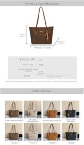 Size chart showing large PU leather tote bag dimensions and four available colors